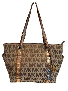 Michael Kors Signature Logo Rose Gold Sequin Stripe Bronze Leather trim EW tote
